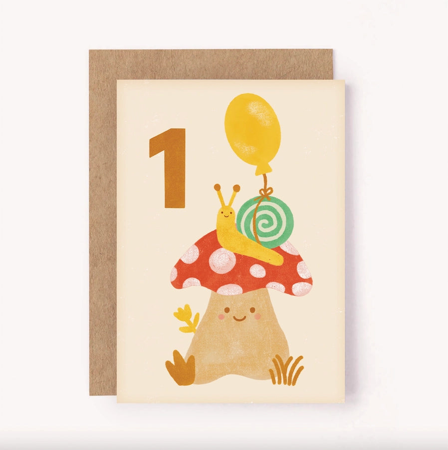 Age 1 Mushroom Snail Birthday Card