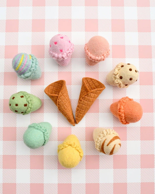 Felt Ice Cream Set - Waffle Cones And 9 Ice Cream Scoops